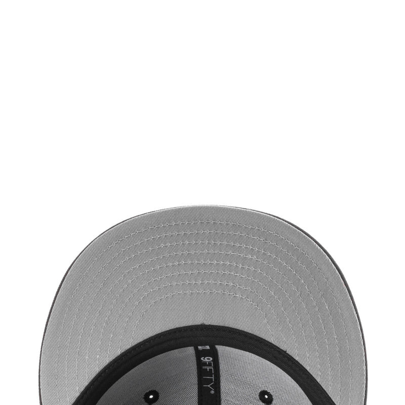 Black baseball cap with gray underside brim and visible stitching