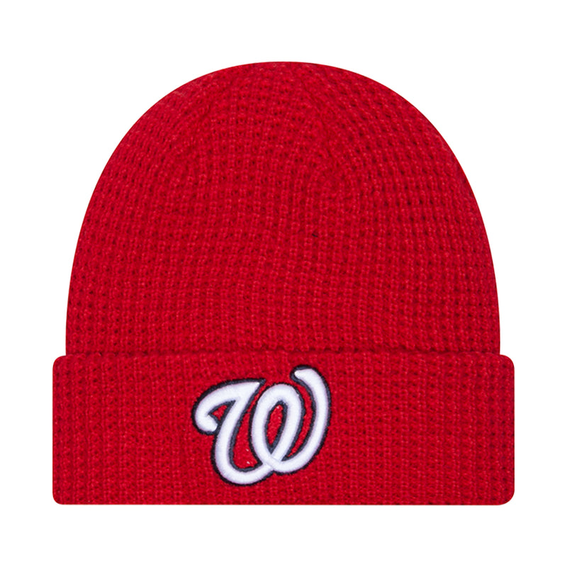 Red waffle-knit beanie with Nationals logo patch on cuff