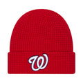 Red waffle-knit beanie with Nationals logo patch on cuff