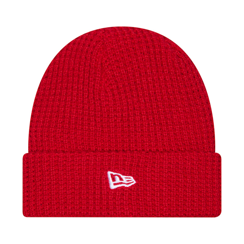 Red waffle-knit beanie with New Era flag on cuff