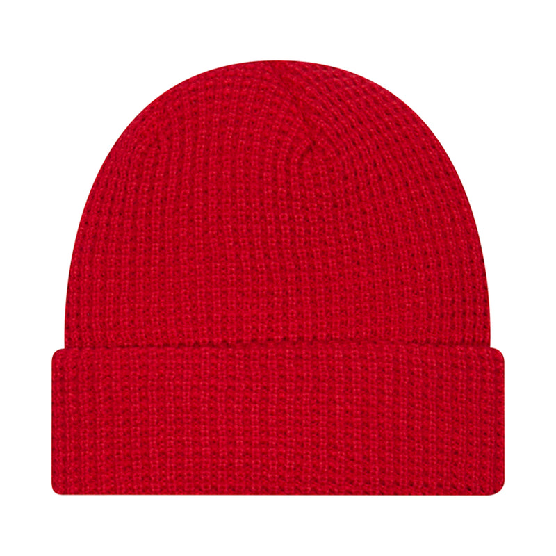 Red waffle-knit beanie with folded cuff