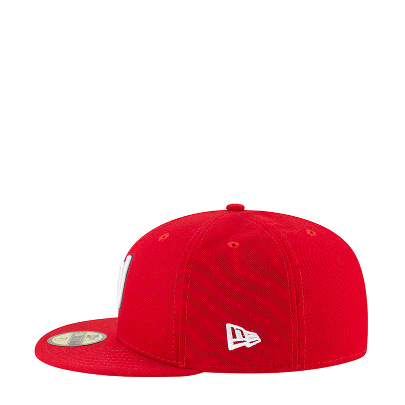 Red baseball cap with New Era flag logo on front panel