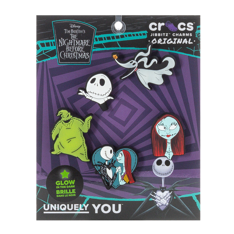 Jibbitz shoe charm set with 5 Nightmare Before Xmas themed characters, glow-in-the-dark.
