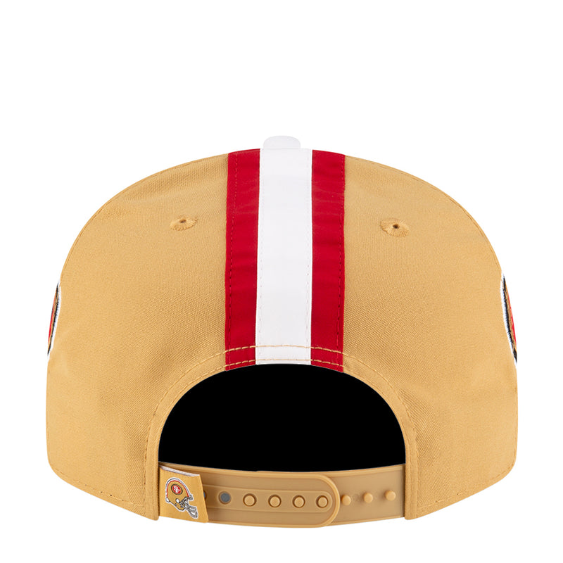 Tan baseball cap with red and white center stripe, open front and snapback strap