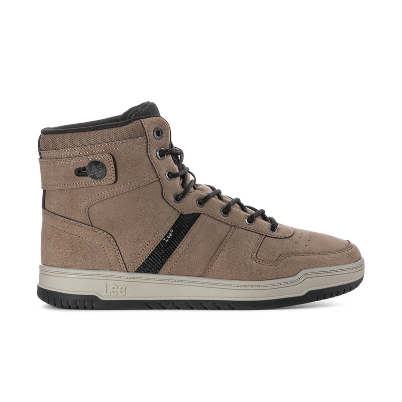 Men's high-top sneakers in driftwood with black collar and lace-up design