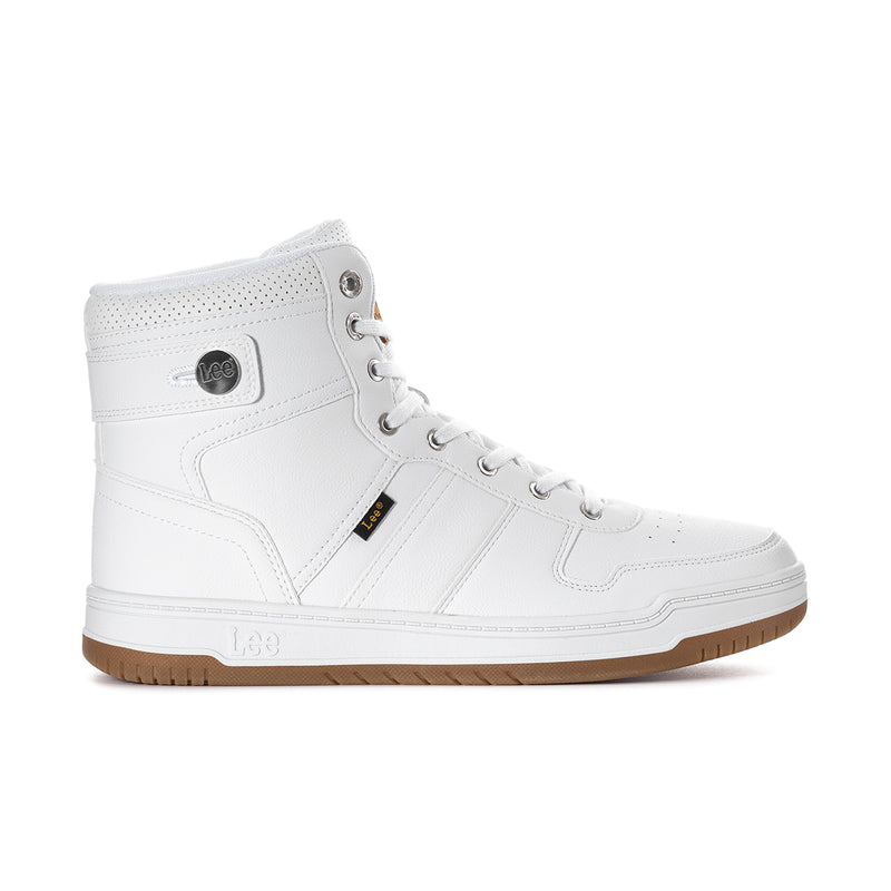Men's white high-top sneakers, lace-up with gum outsole and Lee logo patch