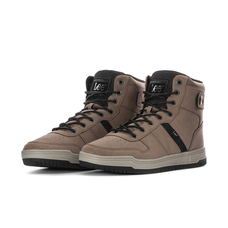 Men's high-top sneakers, driftwood suede with black eyelet panel and thick sole
