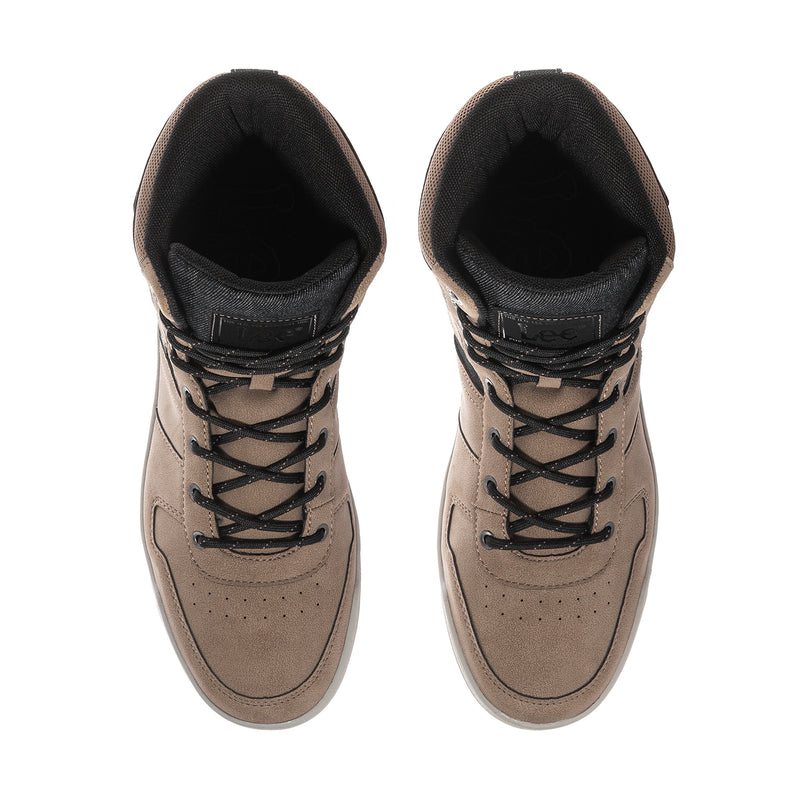 Men's high-top sneakers showing black-lined tongue and lace-up interior