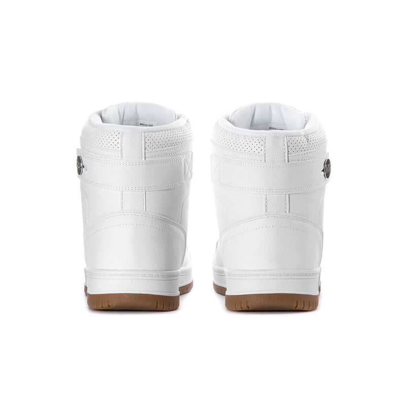 Men's white high-top sneakers, rear view with gum heel and padded collar