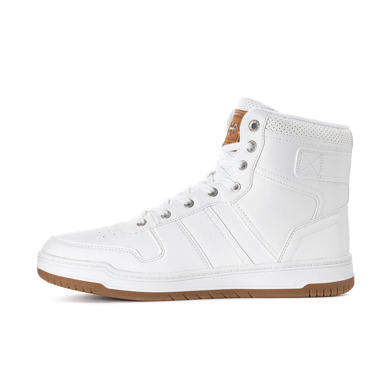 Men's white high-top sneakers, angled side view with lace eyelets and Lee branding
