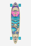 Top view of Noosa 43 Wave Machine longboard with neon ink graphic teal wheels and clear grip tape