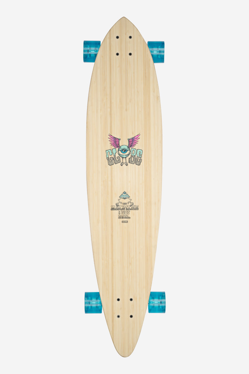 Top view of Noosa 43 Wave Machine longboard deck with neon graphic and teal wheels