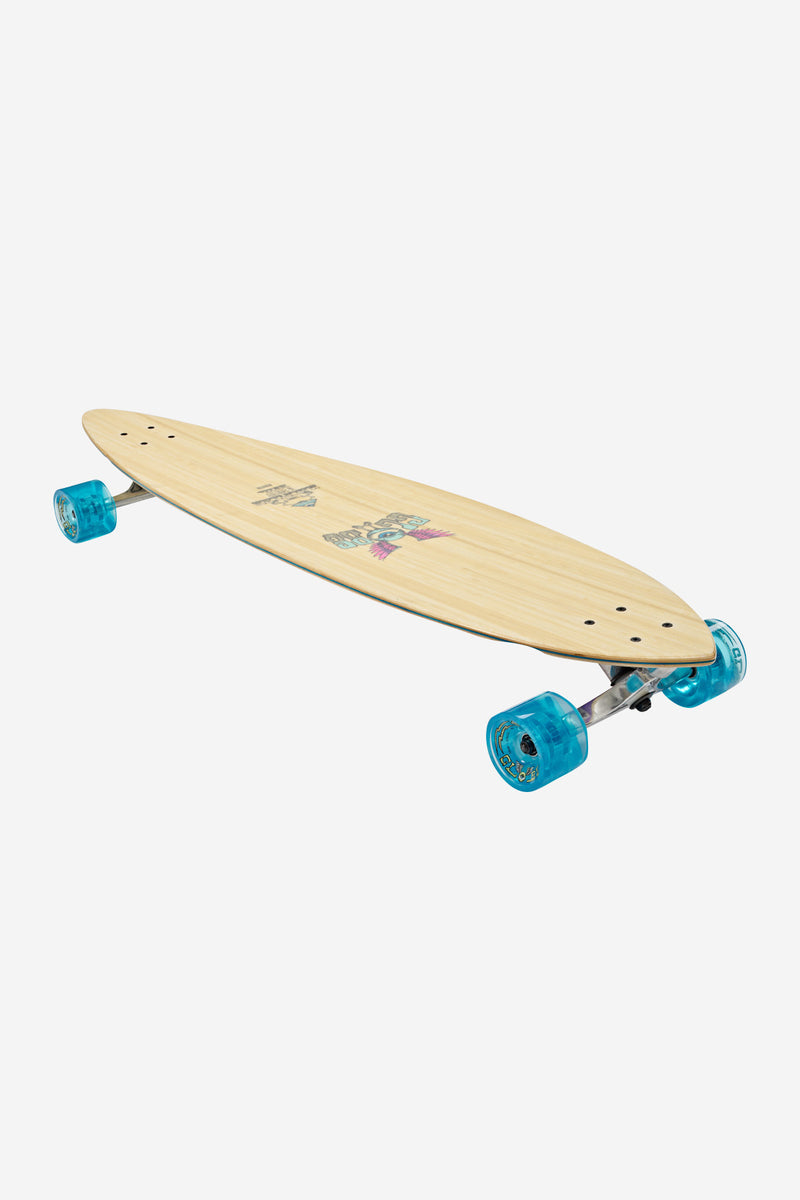 Noosa 43 Wave Machine longboard deck with neon ink graphic and clear grip tape, blue wheels.
