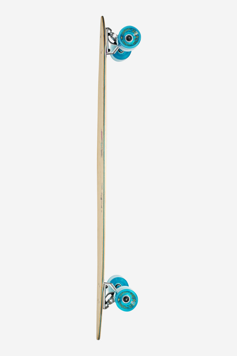 Noosa 43 Wave Machine longboard shown from side with turquoise wheels and bold deck graphics.