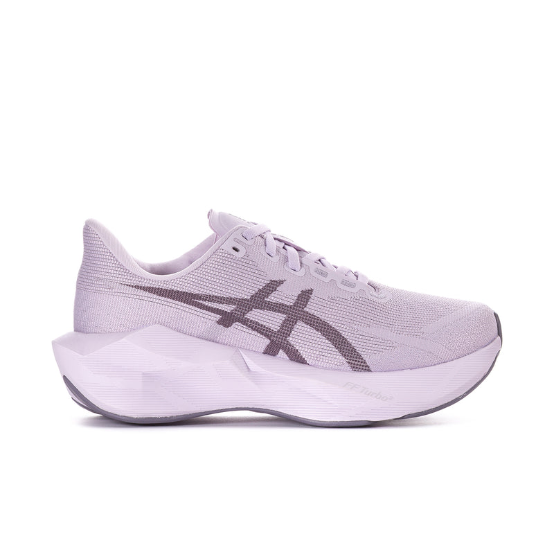Women's lavender running shoe with ASICS logo and lace-up front