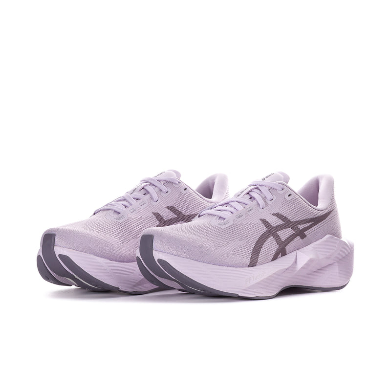 Women's lavender running shoes, mesh upper with ASICS stripes and lace-up design