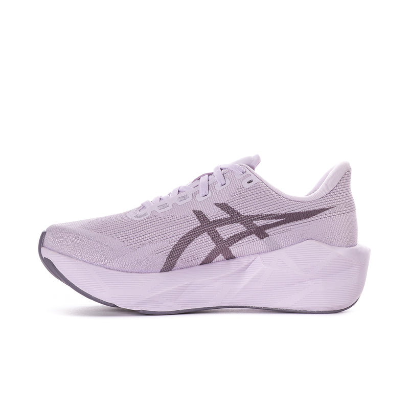 Women's lavender running shoe angled profile with ASICS emblem and knit texture