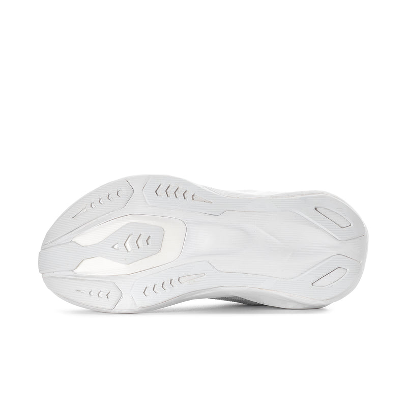 Women's white running shoe outsole view with tread pattern on thick sole