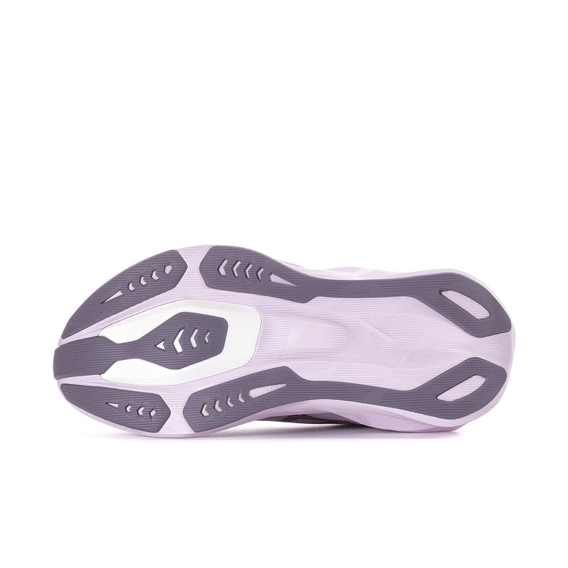 Women's lavender running shoe outsole tread with multi-direction traction pattern