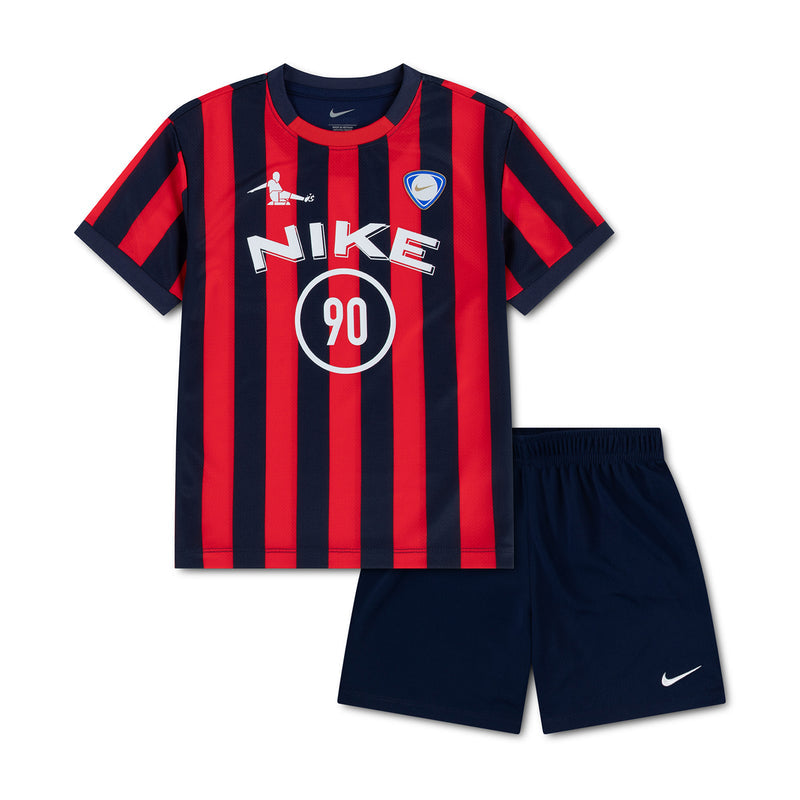 Kids striped soccer jersey and navy shorts set, red and dark blue vertical stripes
