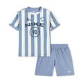 Kids athletic short set with light blue striped jersey and matching blue shorts, Nike logo