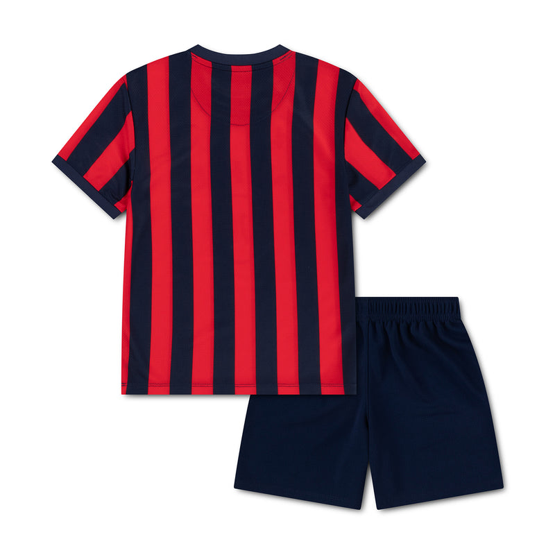 Kids striped soccer jersey and navy shorts set, red and dark blue vertical stripes