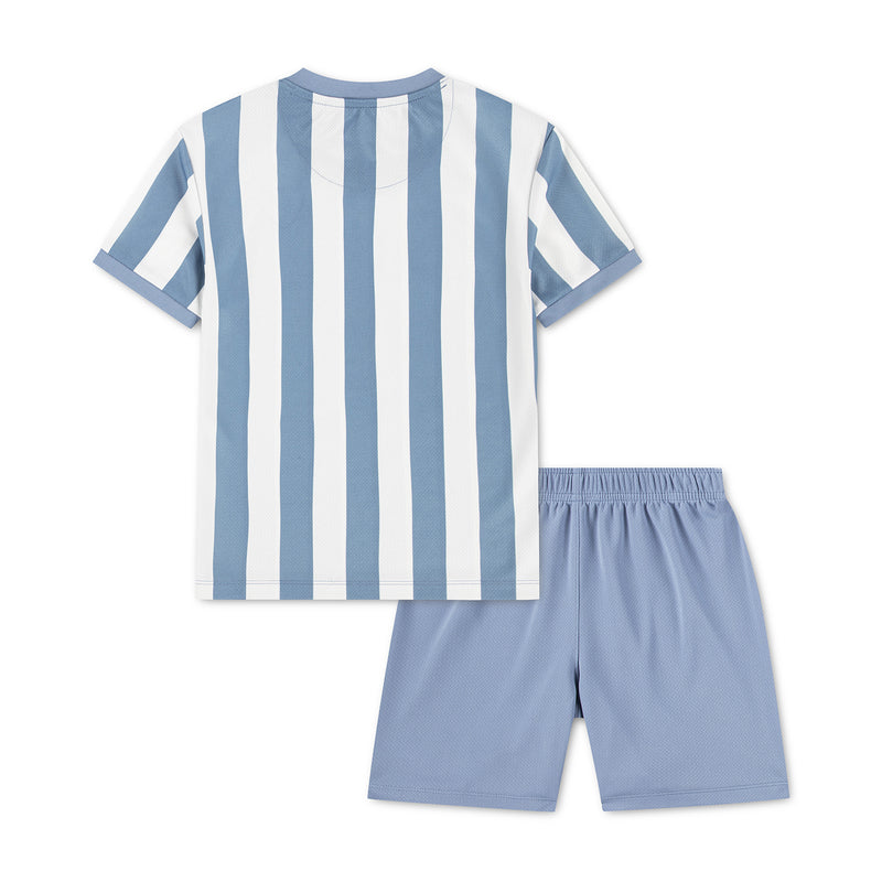 Kids athletic short set, light blue vertical stripe jersey and blue shorts, back view, Nike