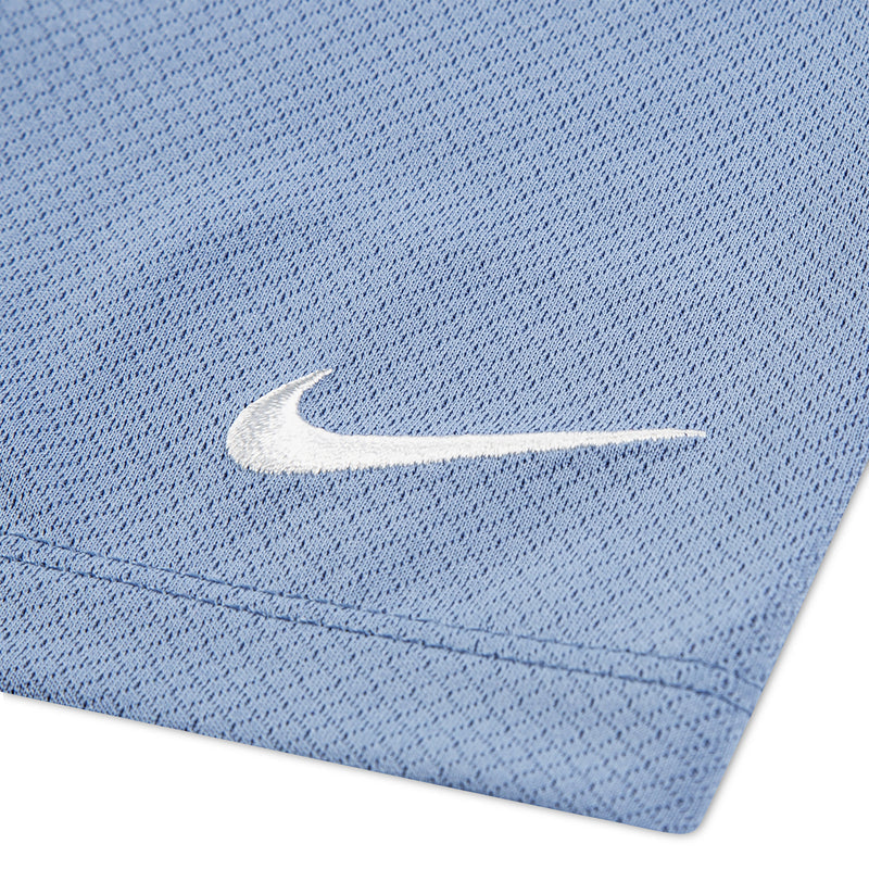 Light blue knit kids shorts with white Nike swoosh and stitched hem