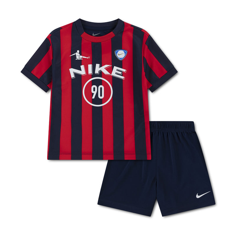 Toddler t-shirt and shorts set with red and navy vertical stripes, navy bottoms