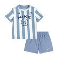 Toddler striped soccer jersey and shorts set, light blue with logo graphics