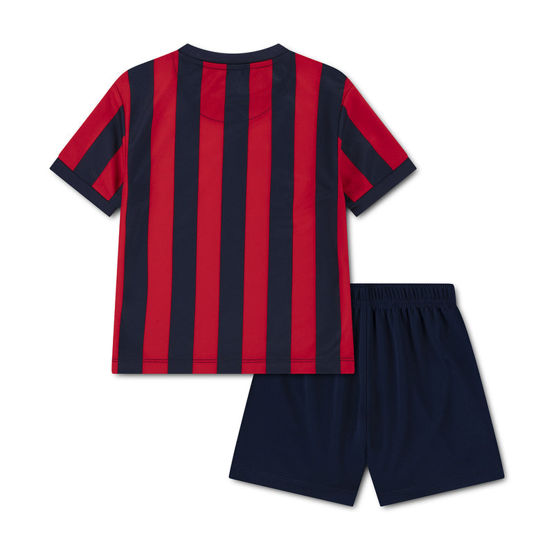 Toddler t-shirt and shorts set with red and navy vertical stripes and navy shorts