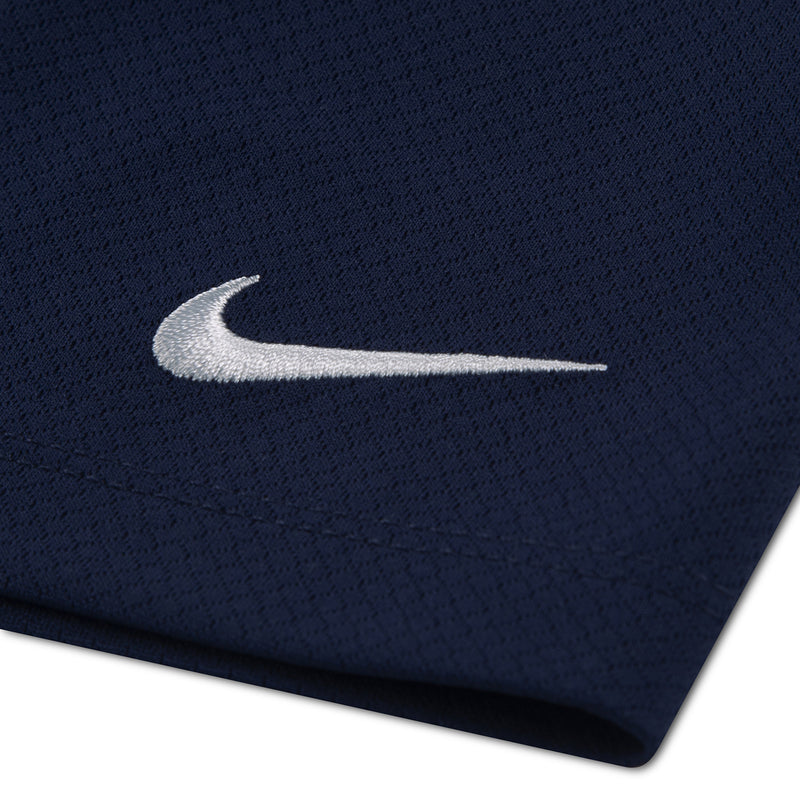 Navy toddler short set with white swoosh logo on fabric