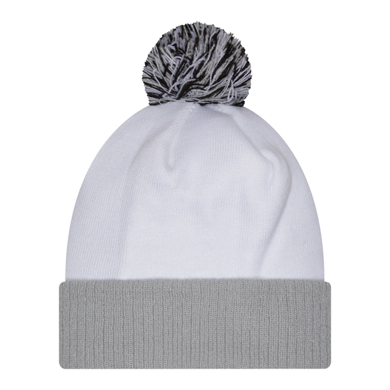 White knit beanie with gray ribbed cuff and dark pom, plain back view