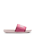 Women's slide sandal in pink and white, with Nike logo strap