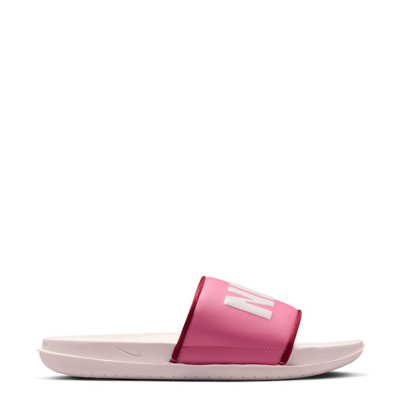Women's slide sandal in pink and white, with Nike logo strap