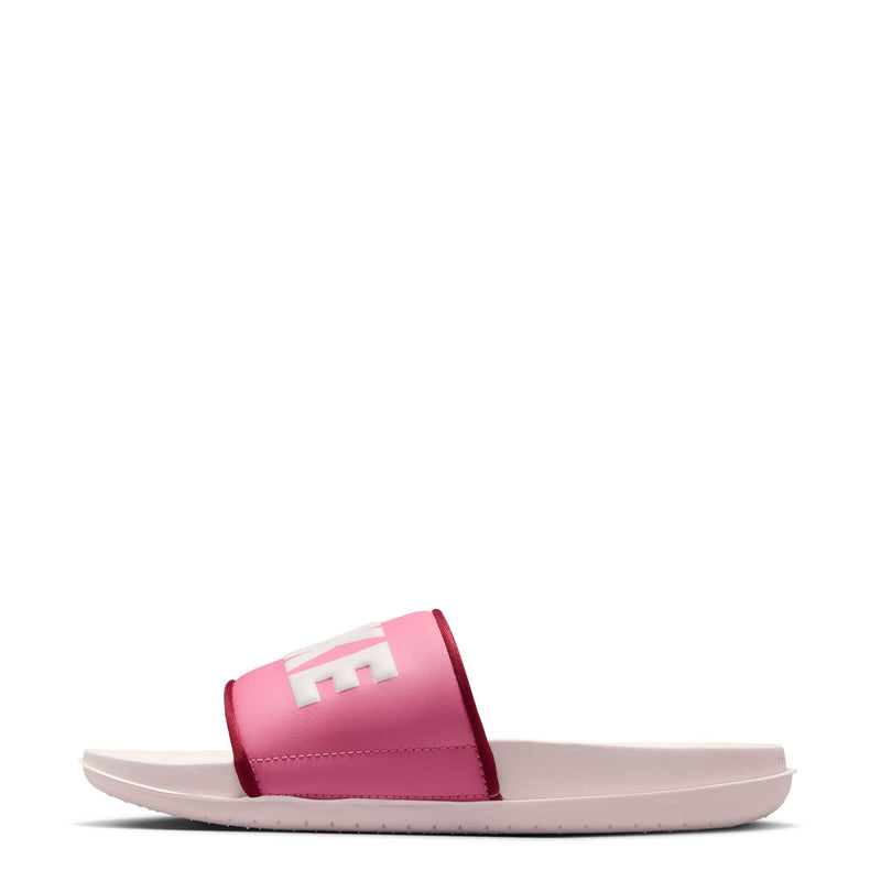 Women's slide sandal with pink top strap and white footbed, Nike logo