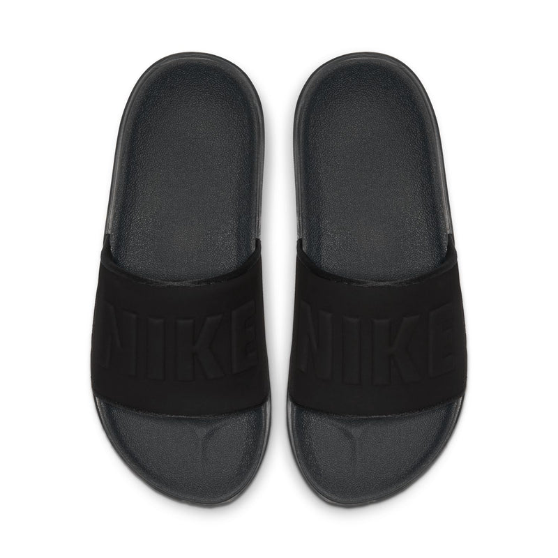 Women's black slide sandals with wide strap and embossed NIKE logo