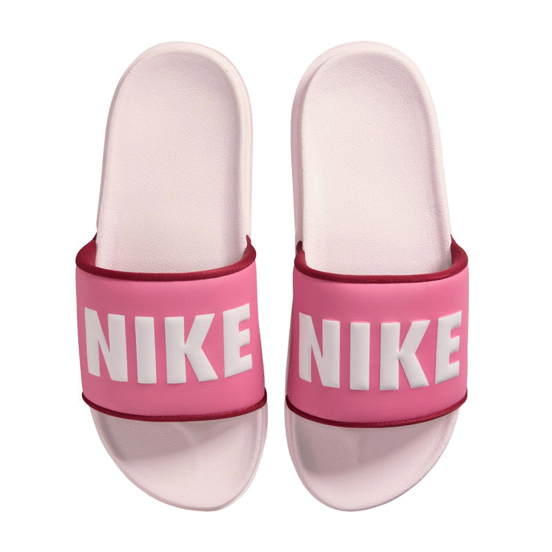 Women's slide sandals, white uppers with pink band and NIKE lettering