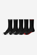 Five black Globe OG Hi Crew socks in a 5 pack with white gray and red toe tips