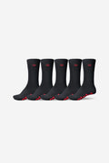 Five black OG Logo Hi Crew Socks arranged in a row with red logo accents