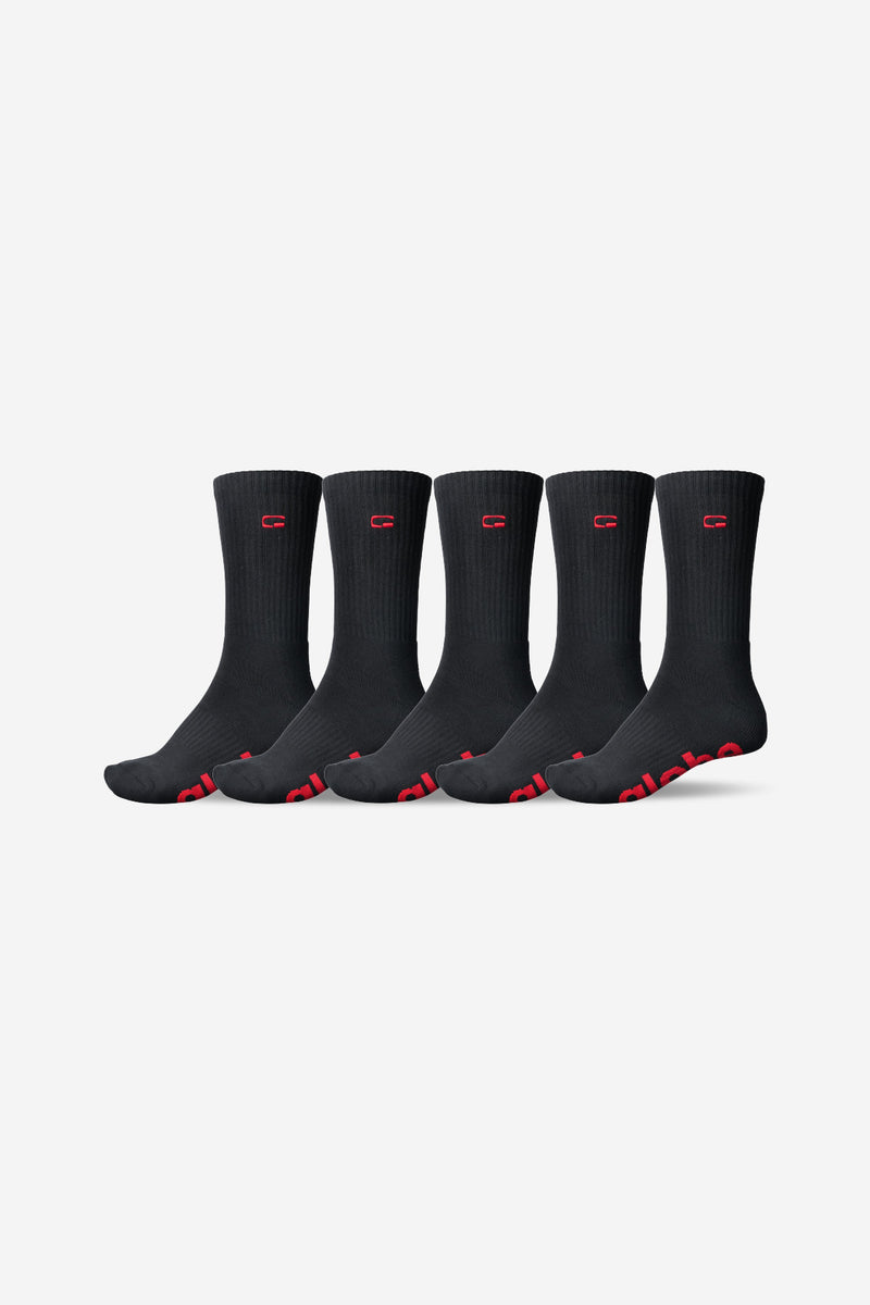Five black OG Logo Hi Crew Socks arranged in a row with red logo accents