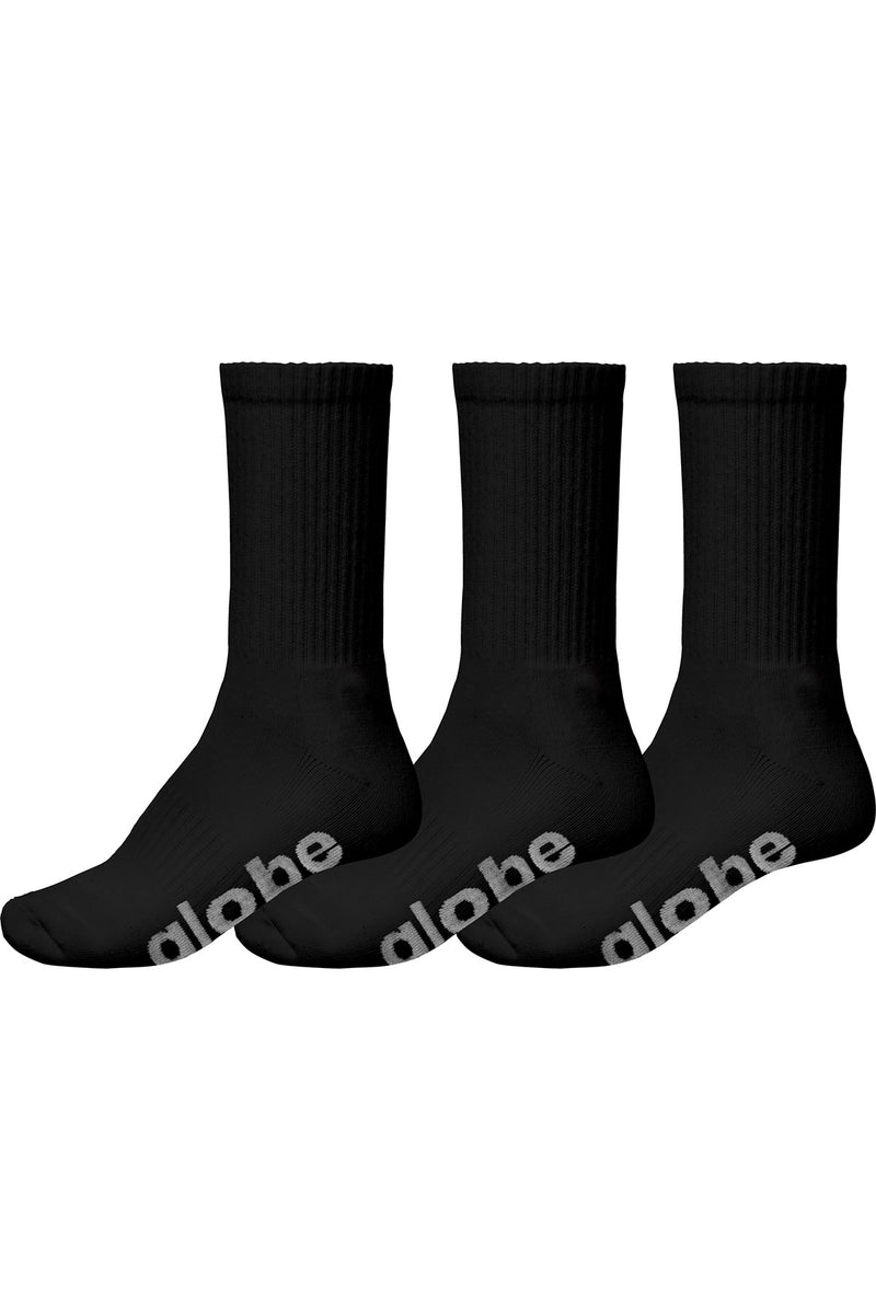 Three black OG Stealth Hi Crew socks with ribbed cuffs and a light gray globe logo on the foot
