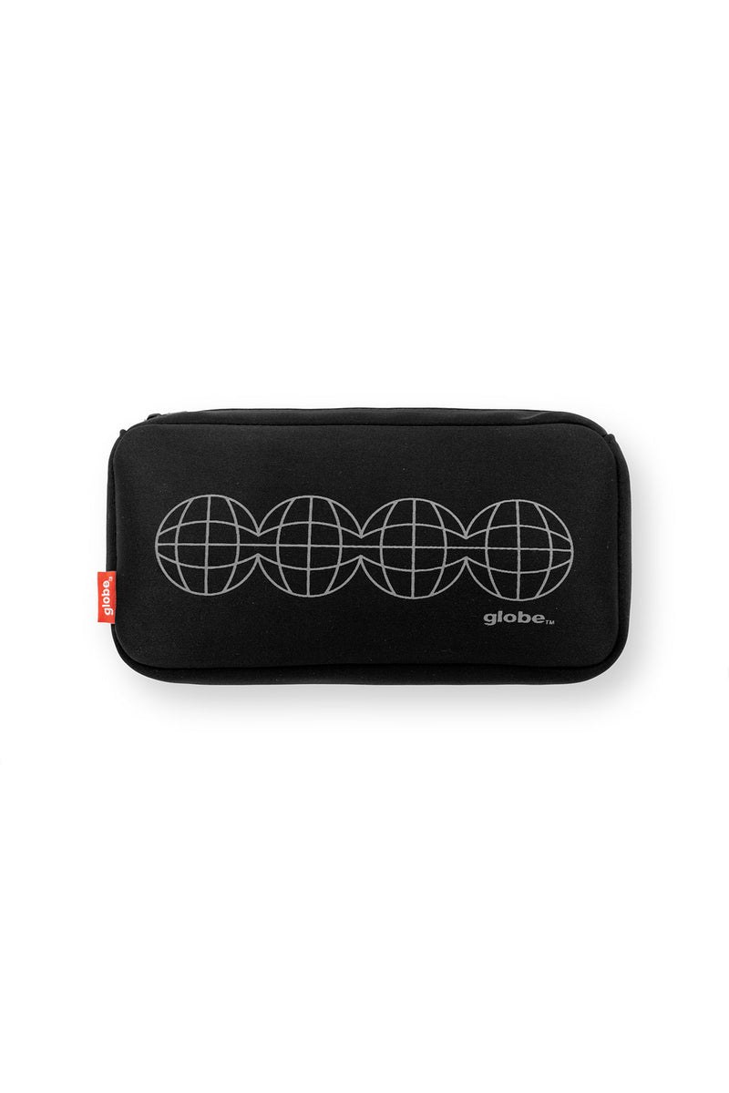 Black neoprene zip case with a light gray globe graphic and a small red globe tag