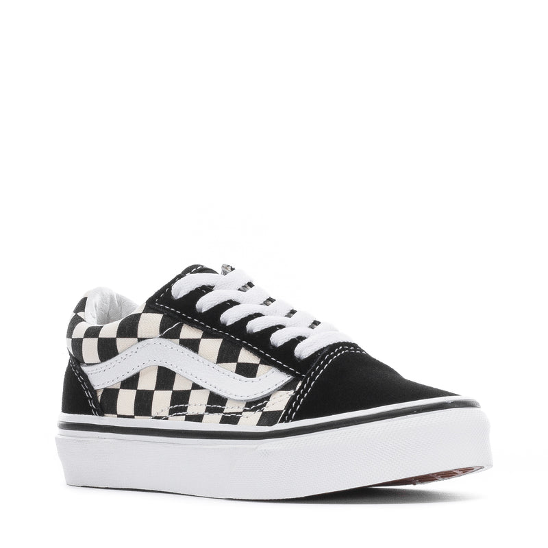 Kids' checkerboard Old Skool skate sneakers, black upper with white laces and sole