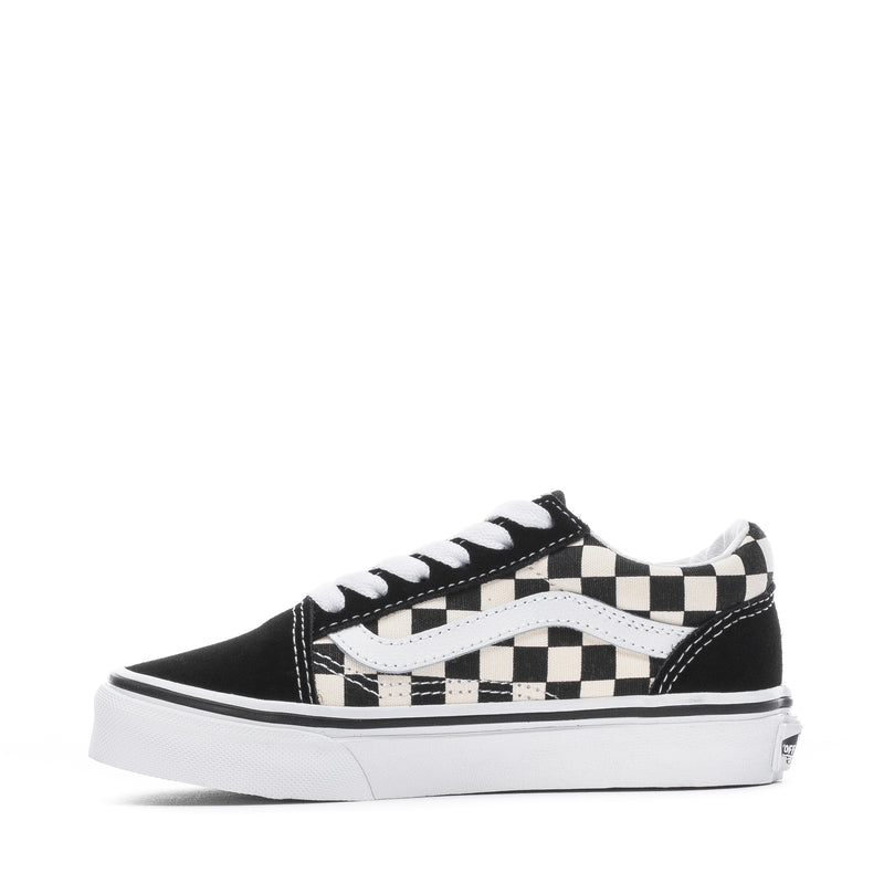 Kids' black-and-white checkerboard Old Skool sneakers with white midsole and laces