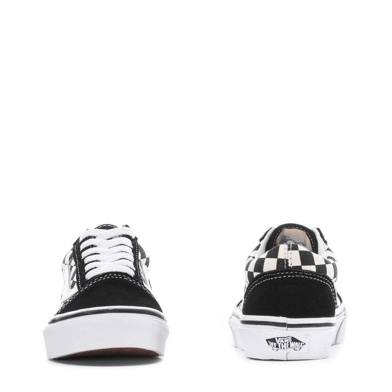 Kids' Old Skool sneakers heel view, black with checkerboard panels and white side stripe