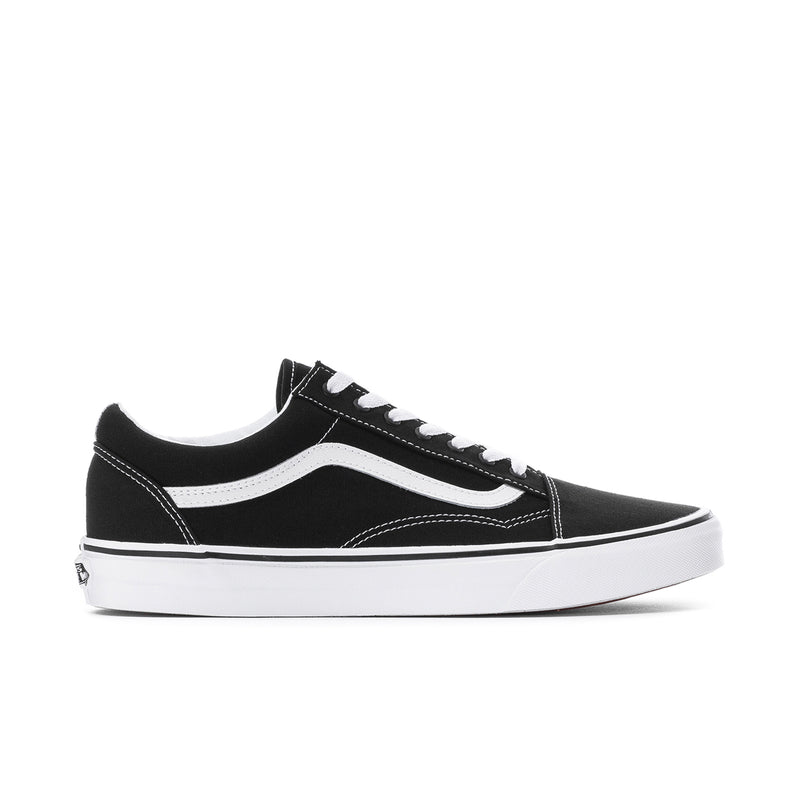 Men's black low-top canvas sneaker with white side stripe and lace-up closure