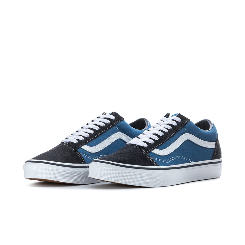 Pair of men's low-top sneakers, navy and black uppers with white laces and stripe