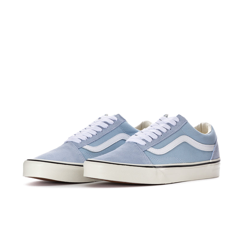 Men's low-top canvas sneakers, side view, soft slate blue with white laces