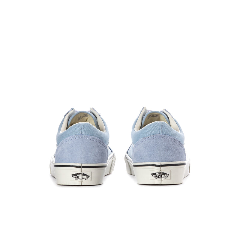 Men's low-top canvas sneakers, heel view, soft slate blue with cream sole